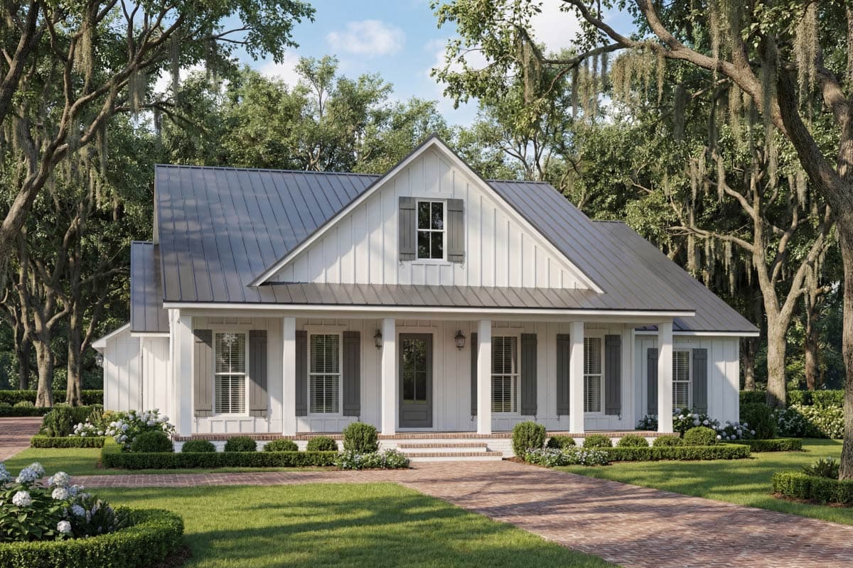 A white farmhouse with a metal roof is surrounded by lush landscaping and mature trees. A brick path leads to the front porch with columns.