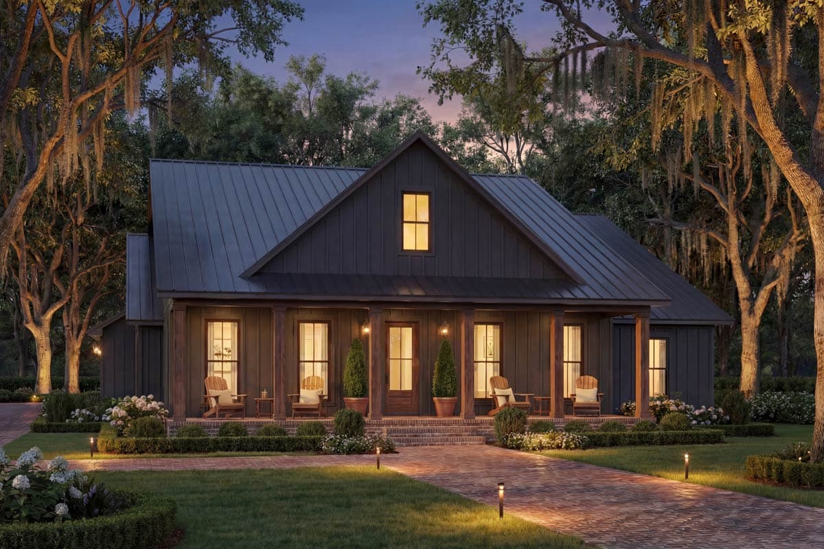 A dark-colored house with a metal roof and a porch, lit up at dusk. Trees surround the house, and a brick pathway leads up to the front door.