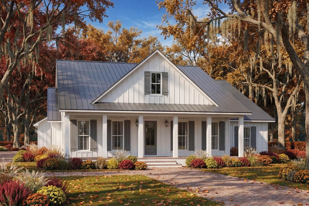A white farmhouse with a metal roof and gray shutters. Fall foliage frames the house, with a brick path leading to the front porch.