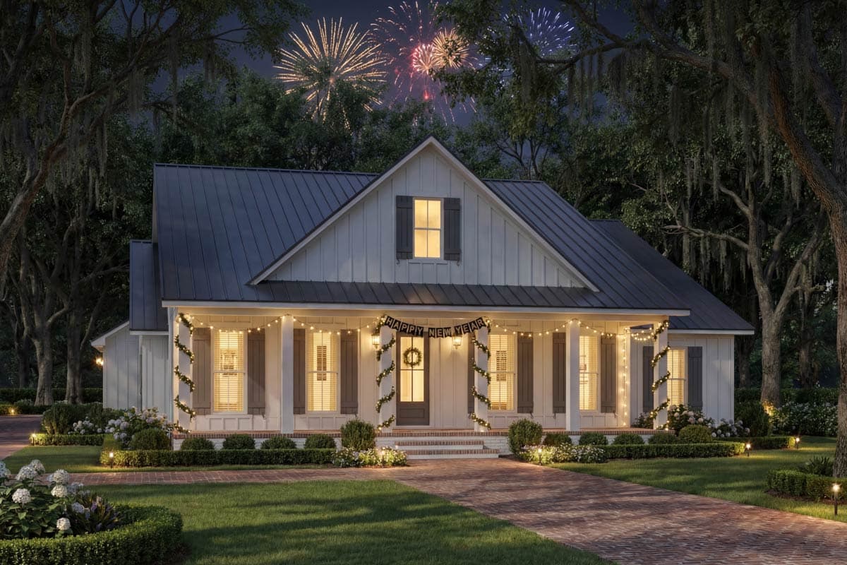 A house decorated for New Year's Eve, with string lights and a banner. Fireworks explode in the night sky above the house, creating a festive atmosphere.