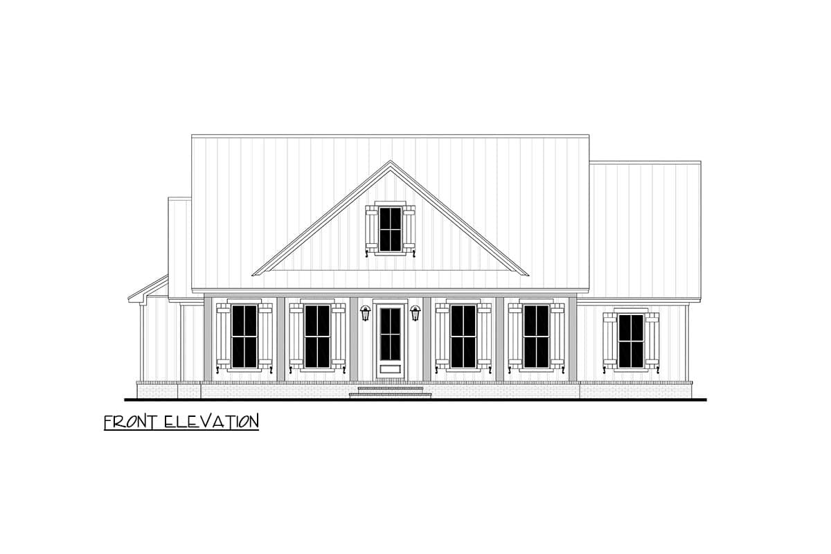 Line drawing of a house front elevation. The house has a gable roof with a small window, a porch with multiple windows, and a centered front door.