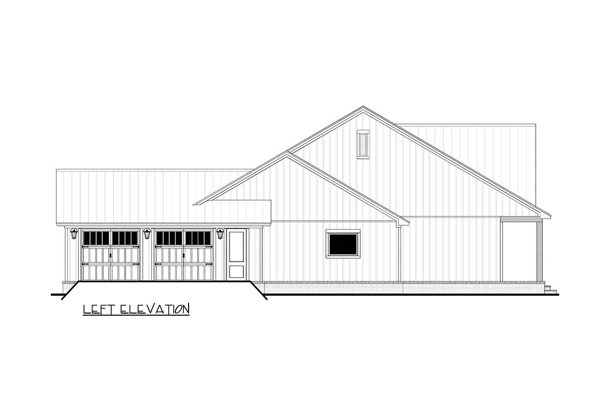 Architectural line drawing of a house's left elevation, featuring a two-car garage, front door, and a gabled roof with a small window.