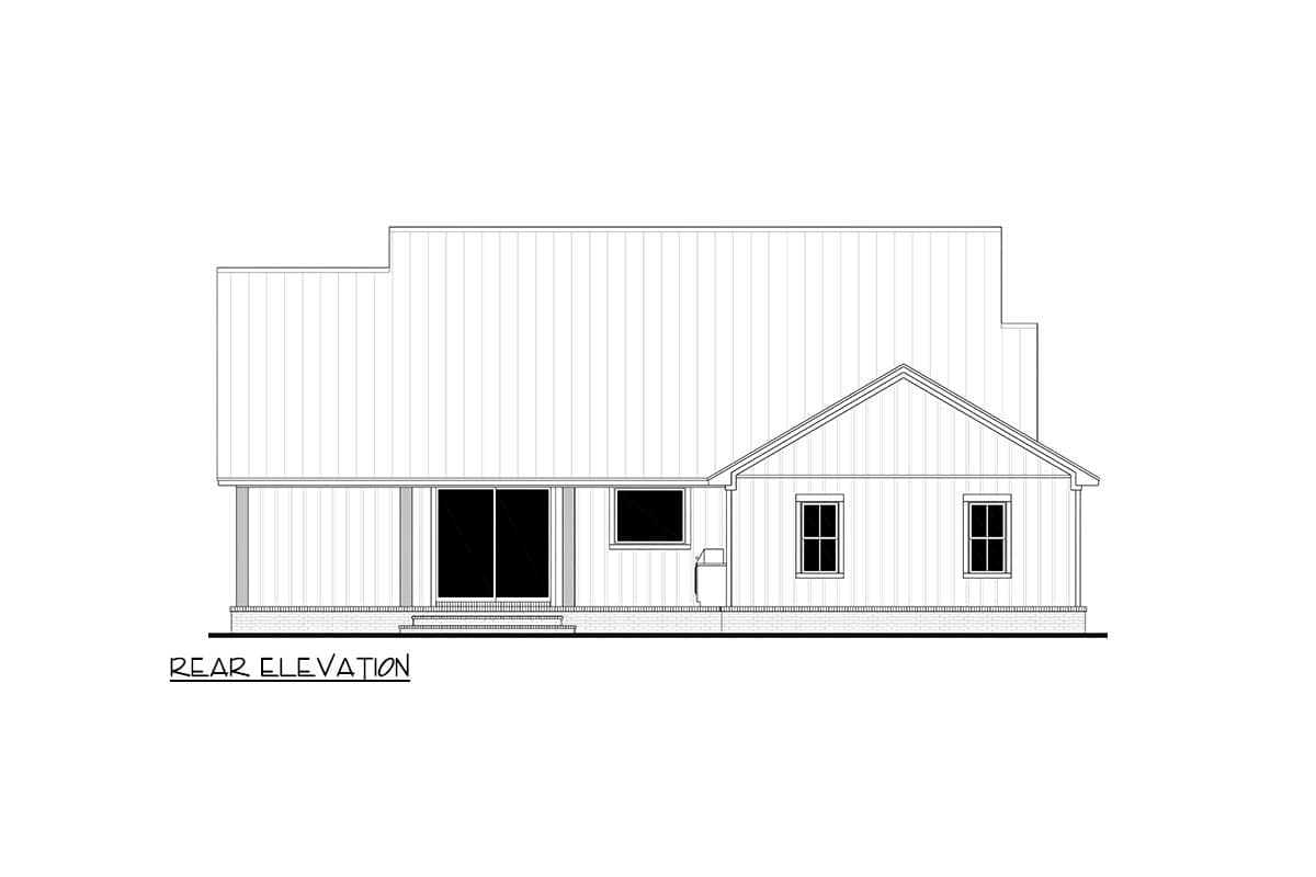 Rear elevation of a house illustrated in a black and white architectural style. The design features a gabled roof section and sliding doors.