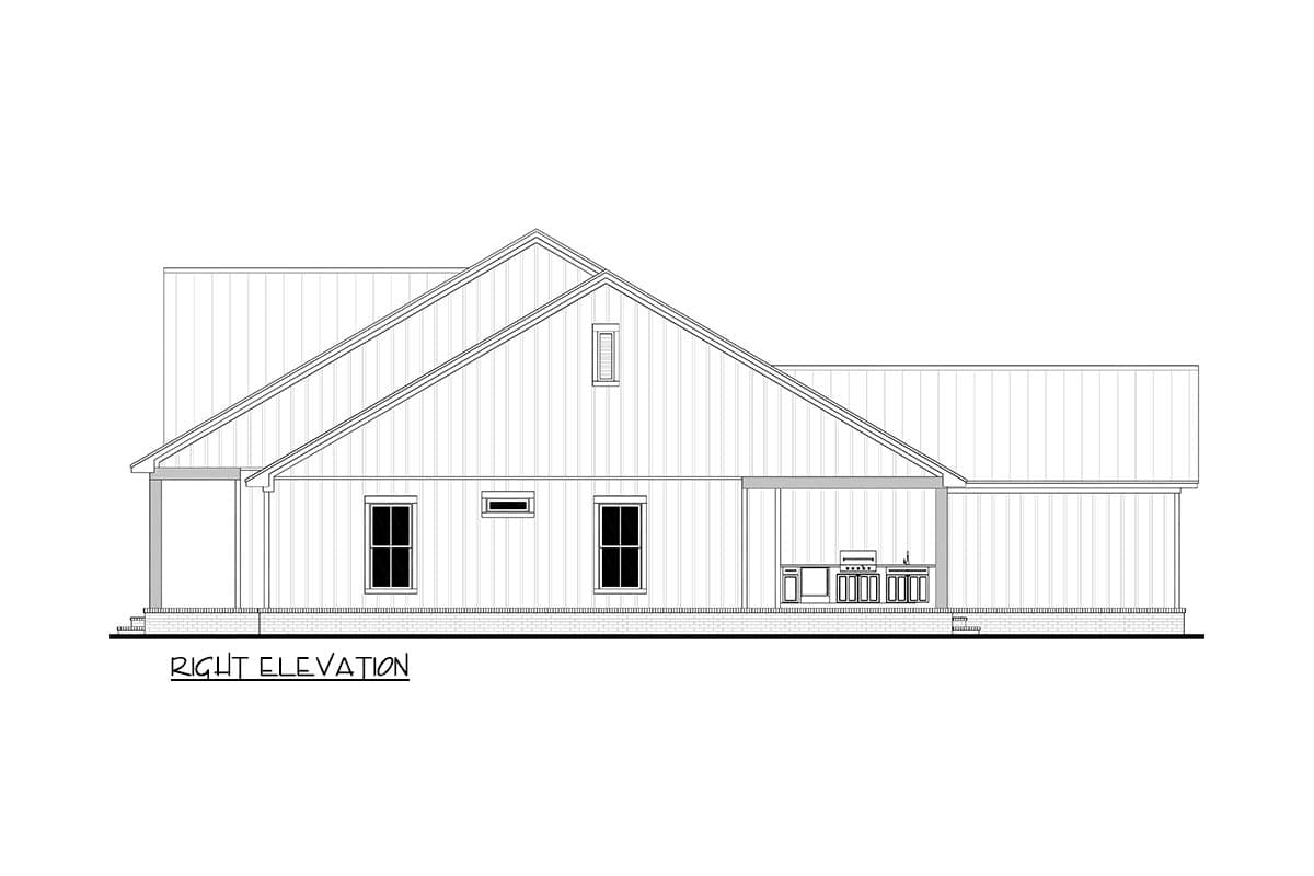 Architectural elevation drawing of a house, right side view. Includes roof details, windows, an outdoor kitchen, and labeled 'RIGHT ELEVATION'.