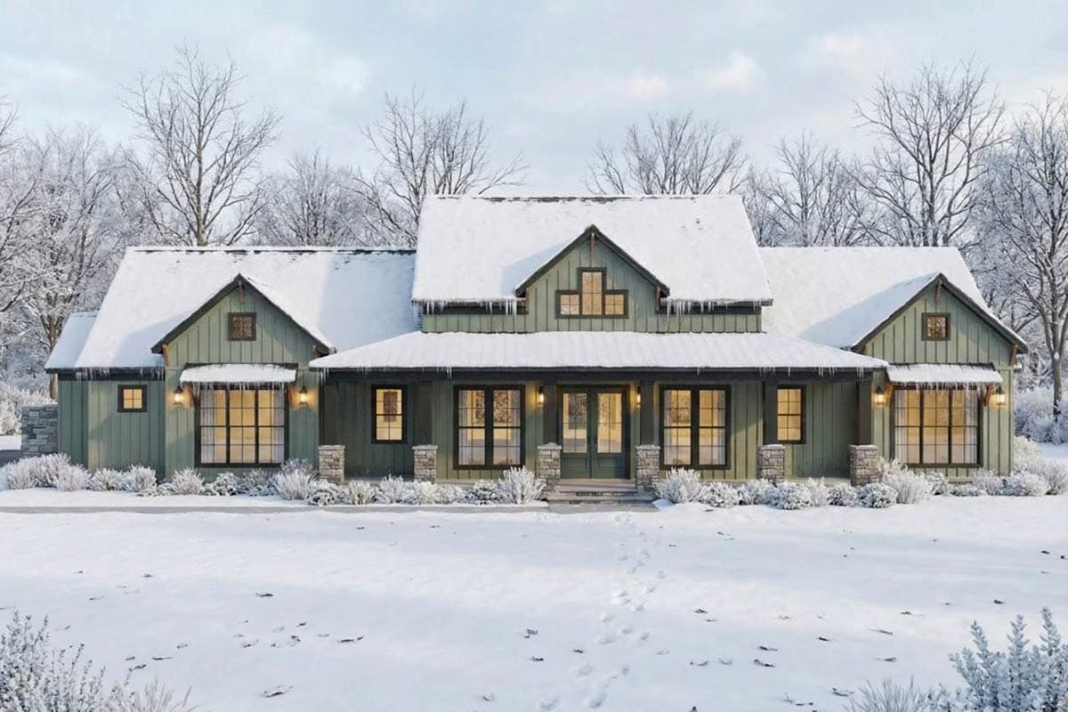A sage-green farmhouse with a snow-covered roof and icicles hangs over the porch. Bare trees and snow-covered ground create a wintery scene.