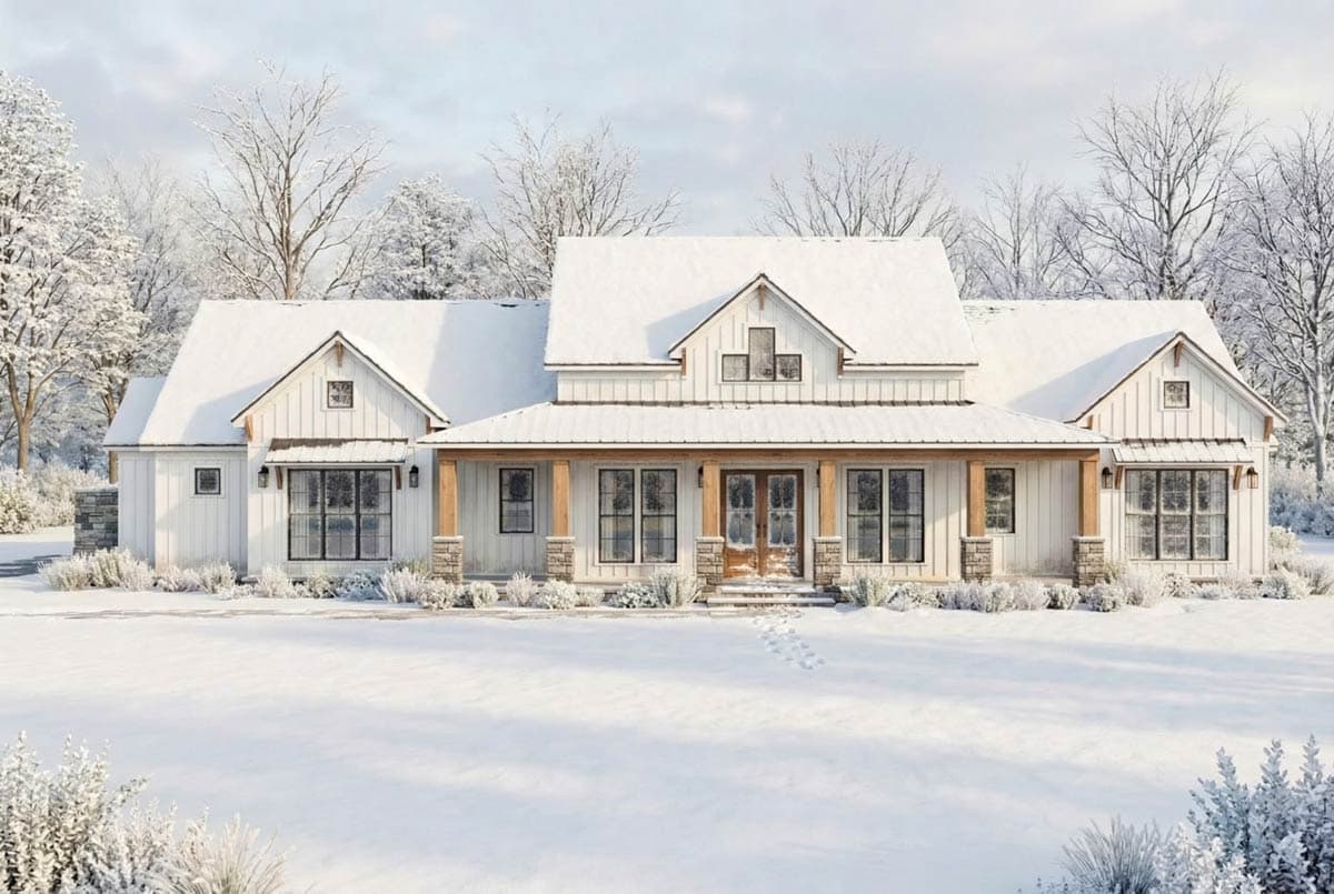 A snowy winter scene depicts a white farmhouse with a covered porch. Snow covers the roof and grounds, with bare trees visible in the distance.
