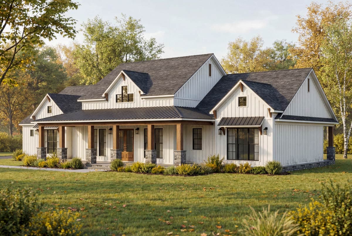 A large, two-story farmhouse with white siding, a dark gray roof, and a covered porch. Lush green lawn and trees surround the home.