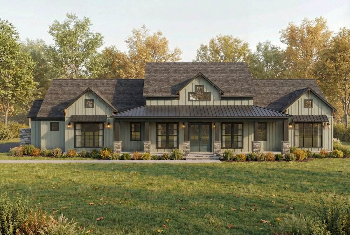 A farmhouse-style house with a green exterior, black-framed windows, and a dark roof. It has a large front porch and is surrounded by a lawn.