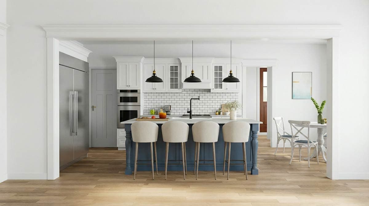 Modern kitchen with a blue island and four bar stools. White cabinets and subway tile backsplash contrast the dark pendant lights.
