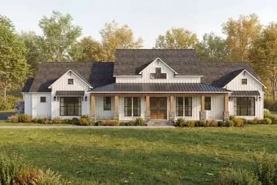 Elegant Modern Farmhouse House Plan with 3-Car Garage and Outdoor Living