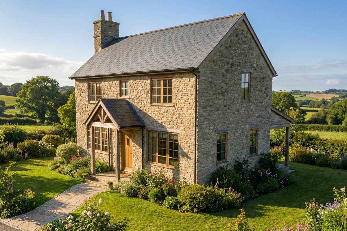 A stone cottage with a slate roof sits in a lush green garden. A stone path leads to the wooden front door, and a rolling landscape is in the background.