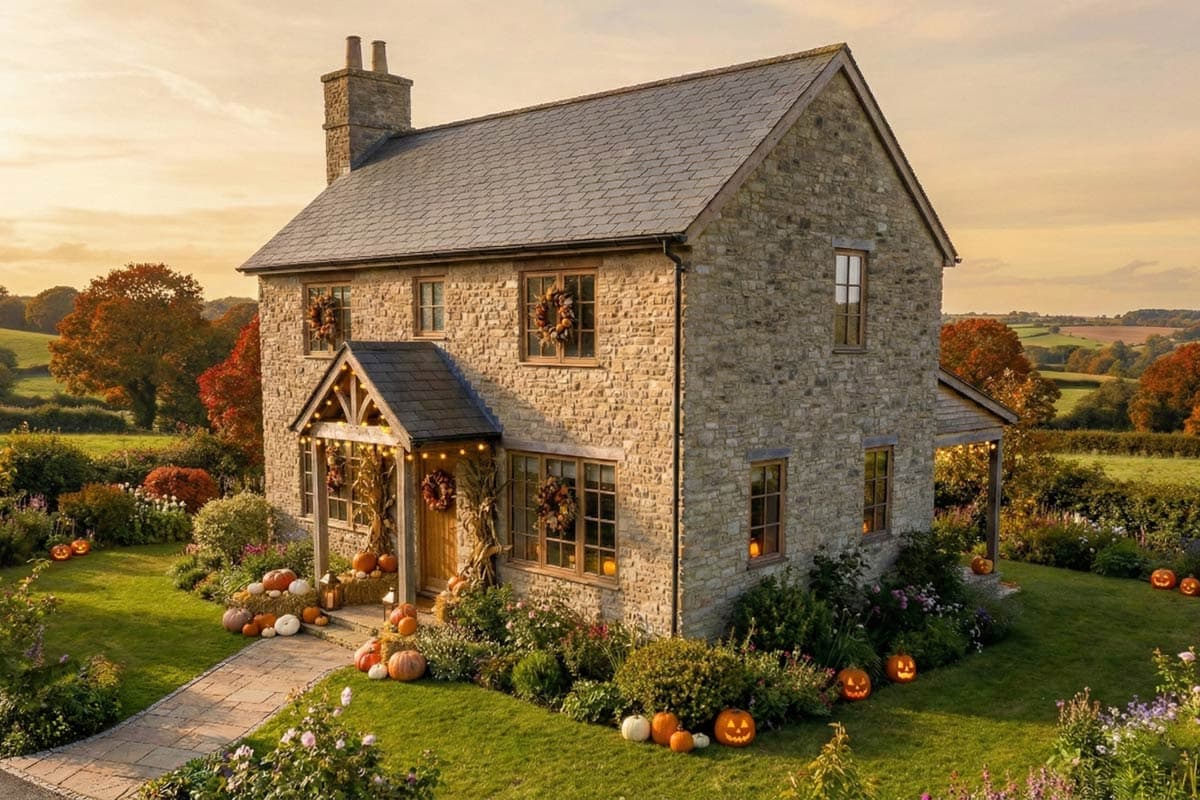 A stone cottage, decorated for fall with pumpkins and wreaths, nestled in a landscape with autumn foliage and rolling hills under a warm sunset.
