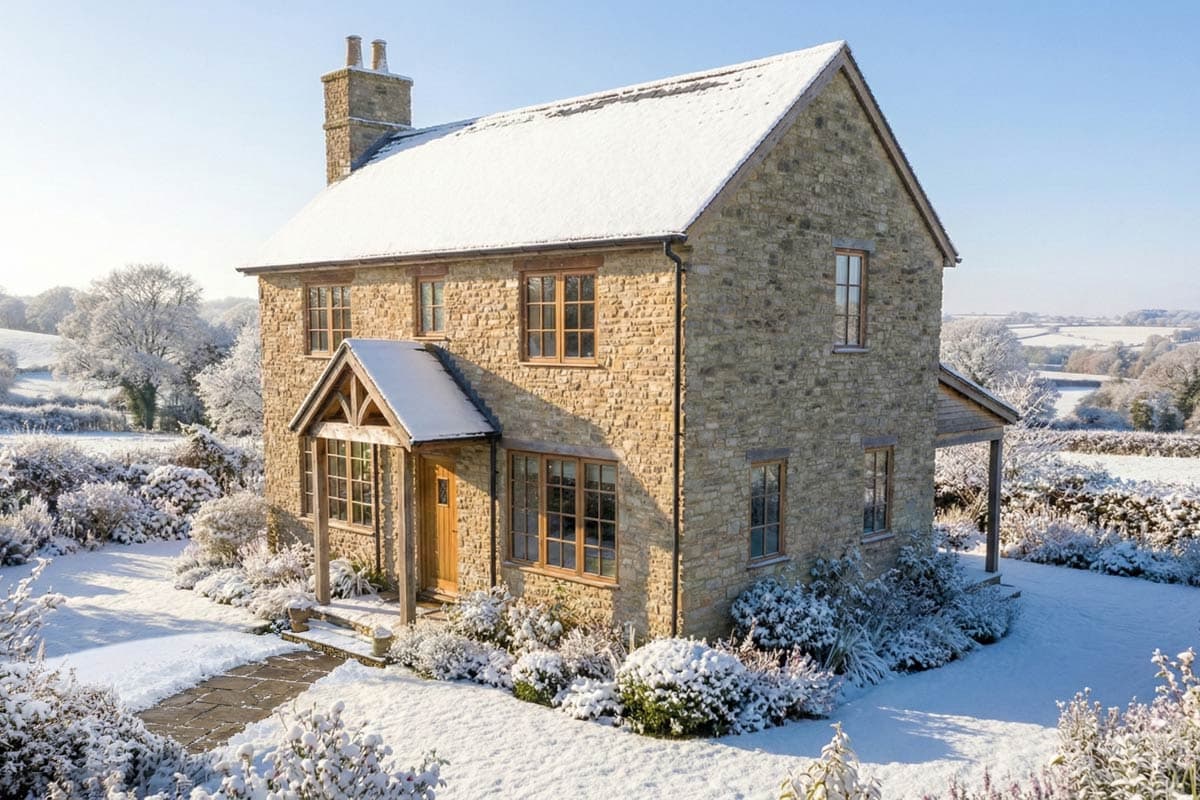 A stone cottage, covered in snow, sits nestled amidst a winter landscape. Snow blankets the roof and surrounding bushes under a clear, bright sky.