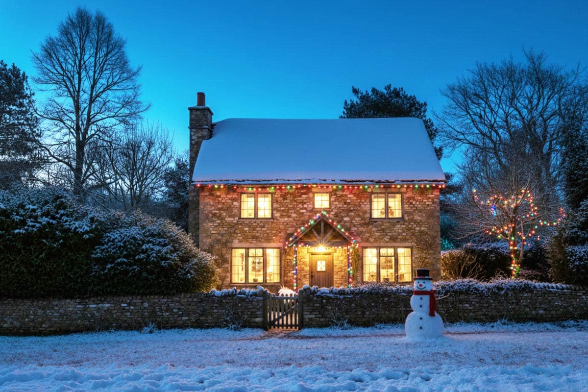 A snow-covered stone house at dusk, decorated with colorful Christmas lights. A snowman stands in the snow-covered yard in front of the house.
