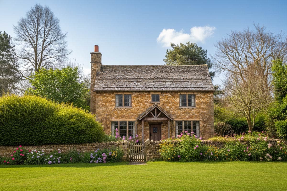 A charming, two-story stone cottage with a thatched roof, surrounded by a lush green lawn, flower beds, and a stone wall under a blue sky.