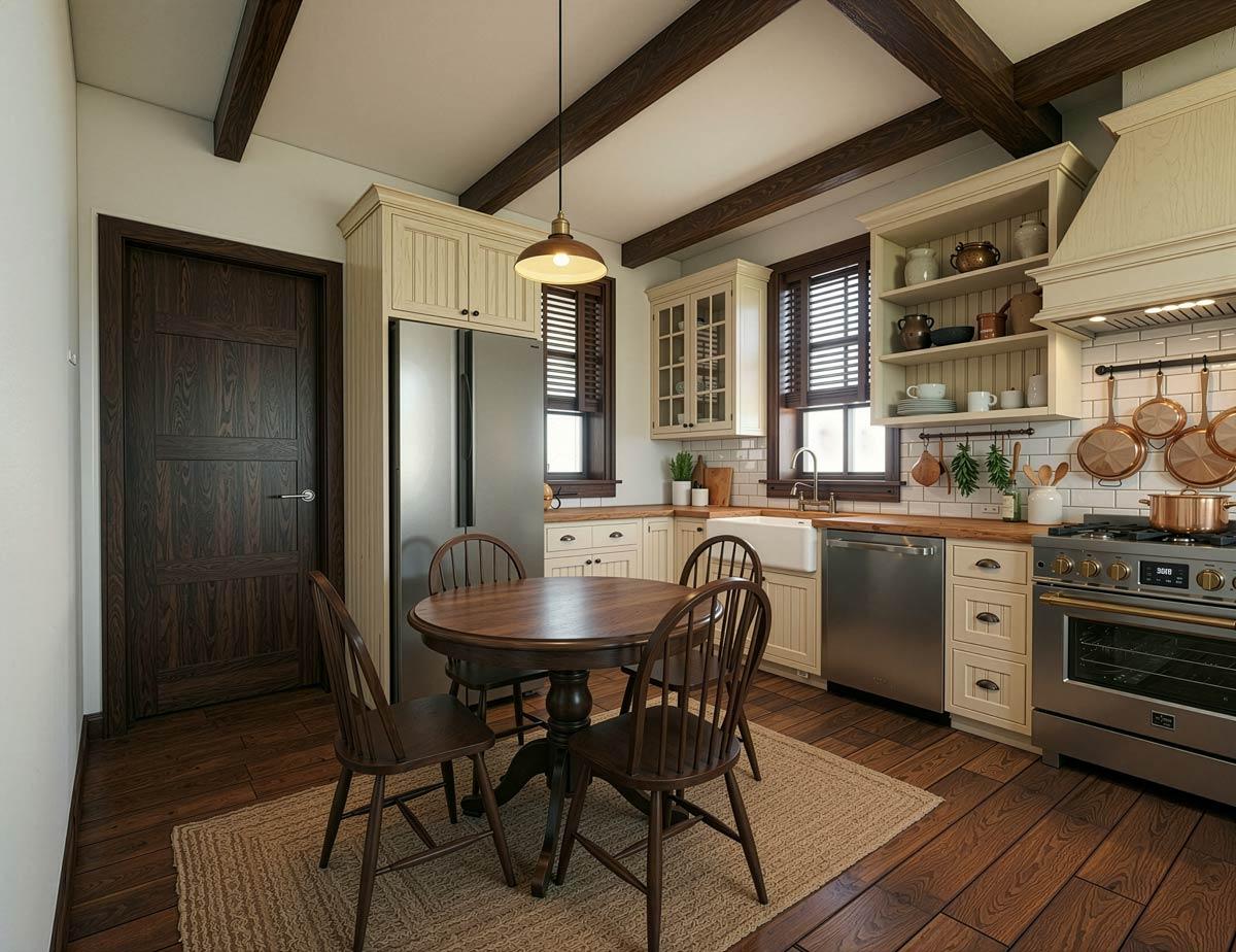 A rustic kitchen features a wooden table and chairs, a stainless steel refrigerator and appliances, and wooden beams on the ceiling.