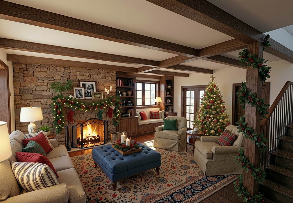 Cozy living room decorated for Christmas with a fireplace, lit tree, garland, and comfortable seating arranged around a blue ottoman.