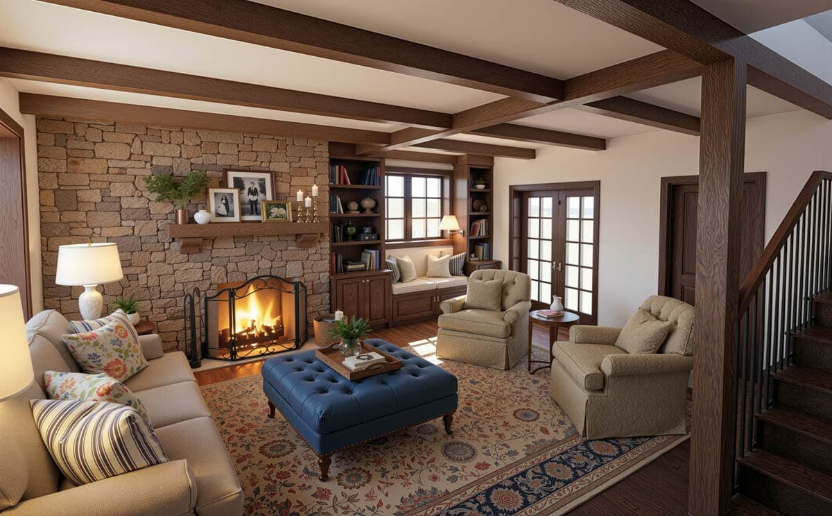 Cozy living room with a stone fireplace, lit fire, and comfortable seating arranged around a blue ottoman on a patterned rug.