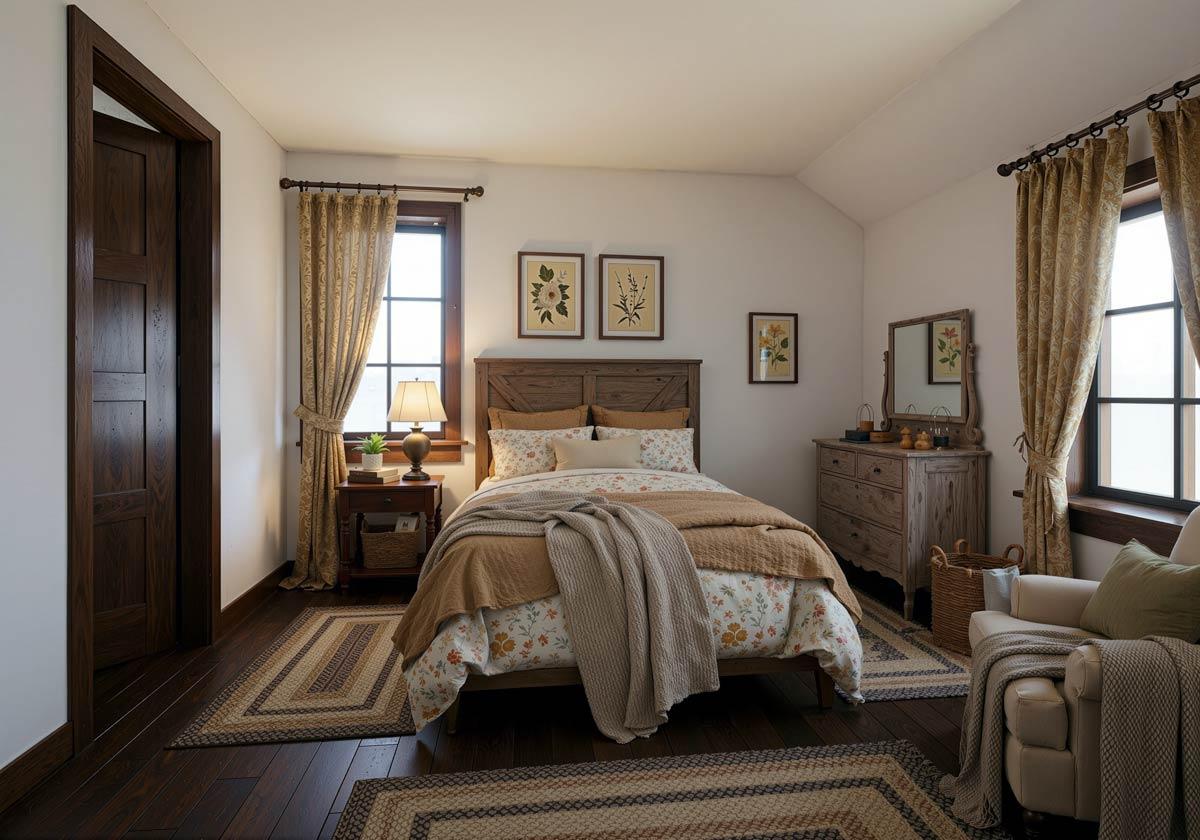 A cozy bedroom with a wooden bed frame, floral bedding, and matching curtains. A bedside table has a lamp, and braided rugs lay on the floor.