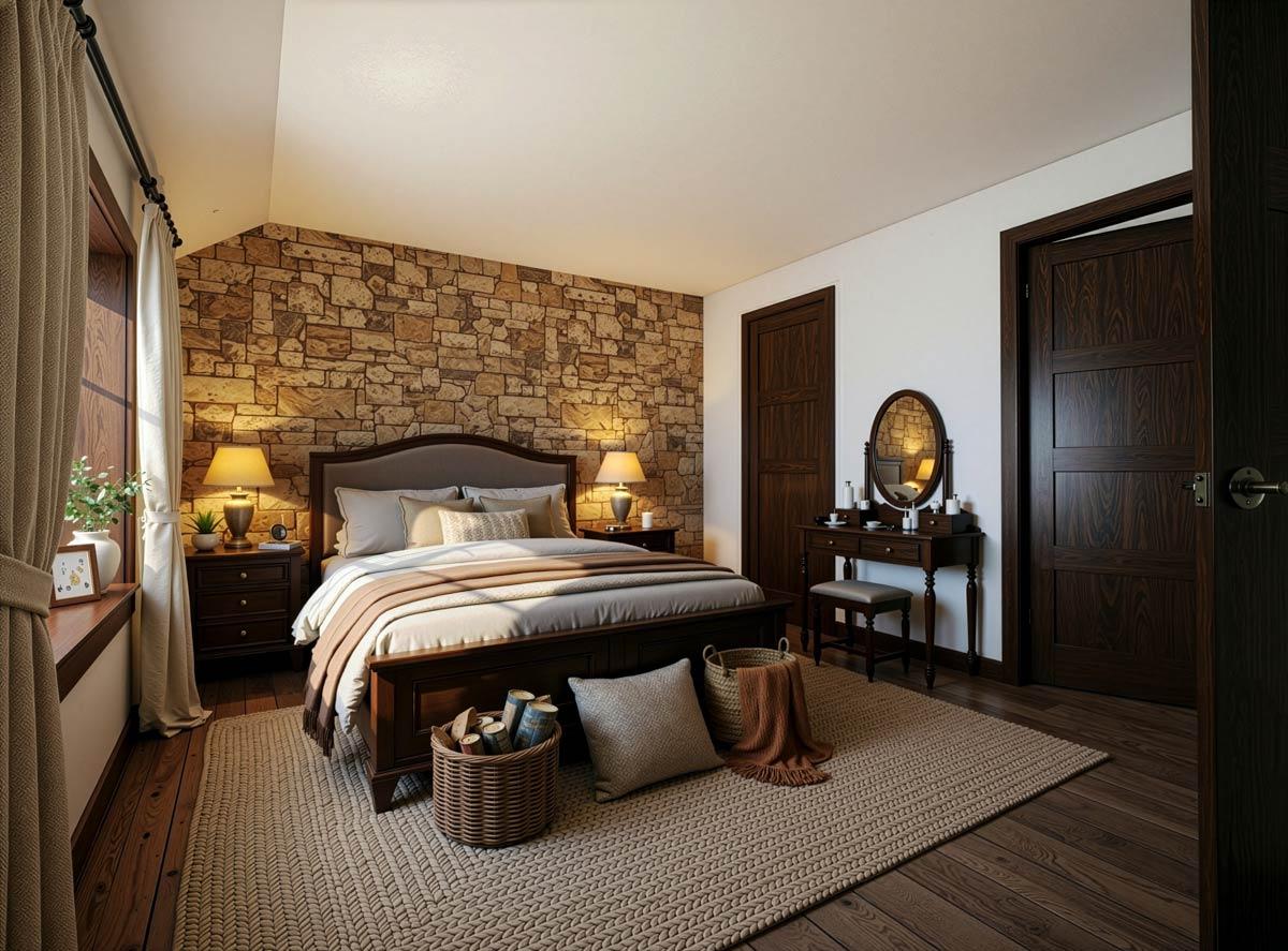 Cozy bedroom with a stone wall behind a dark wooden bed. A vanity, lamps, and woven baskets with decor complement the space.