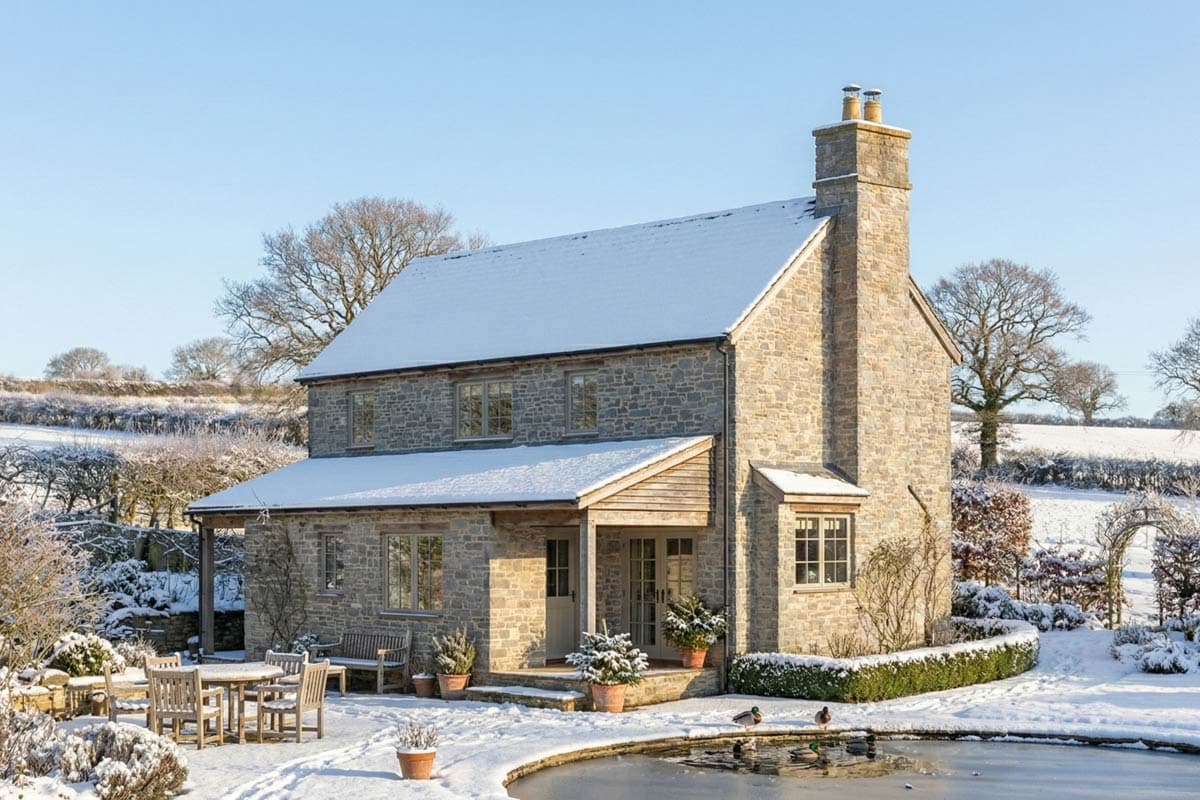 A stone cottage, covered in snow, sits beside a frozen pond. The house has a wooden porch and tall chimney, a winter scene.