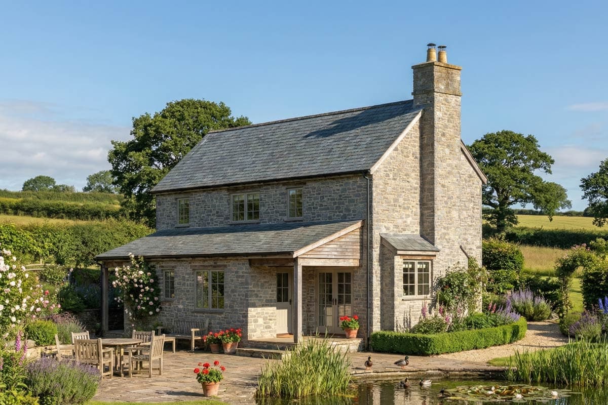 A stone cottage with a slate roof sits amidst a lush garden with a pond and outdoor seating. Ducks swim peacefully in the foreground.