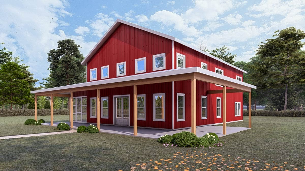 Two-story house plan exterior with a prominent gable roof, wraparound porch, and numerous rectangular windows.