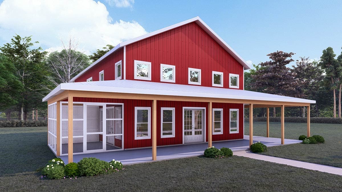 House plan exterior of a two-story red barn-style home with a wrap-around porch and screened porch section.