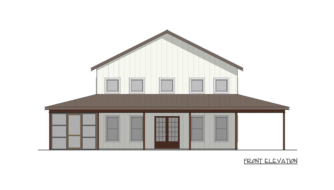 Front elevation house plan with a gabled roof, covered porch, double doors, and multiple windows.