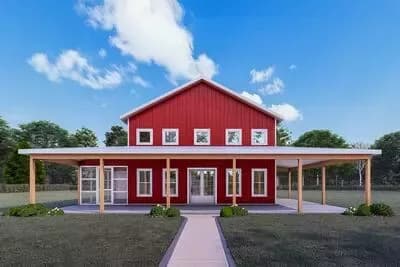 4-Bedroom Barndominium House Plan with Vaulted Great Room and Wrap-Around Porch