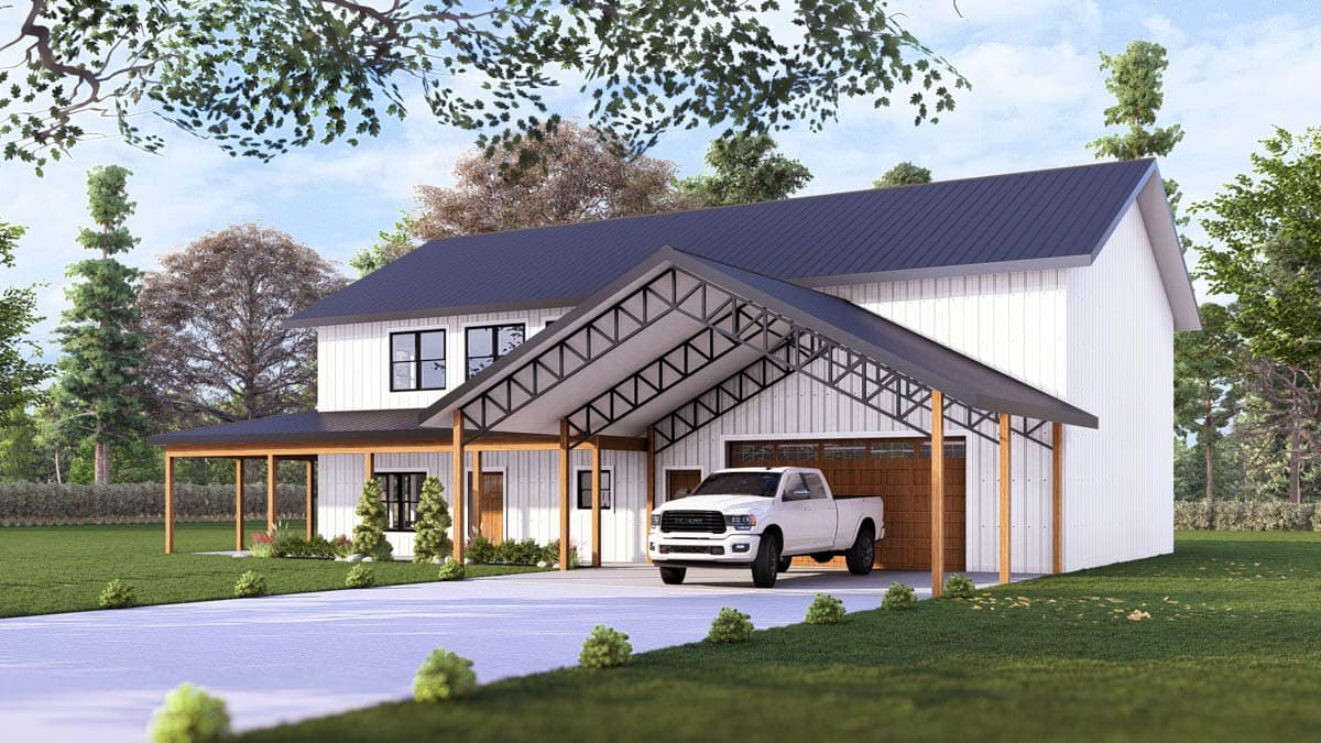 House plan exterior: two-story modern farmhouse with covered porch, metal roof, and attached two-car carport with exposed trusses.