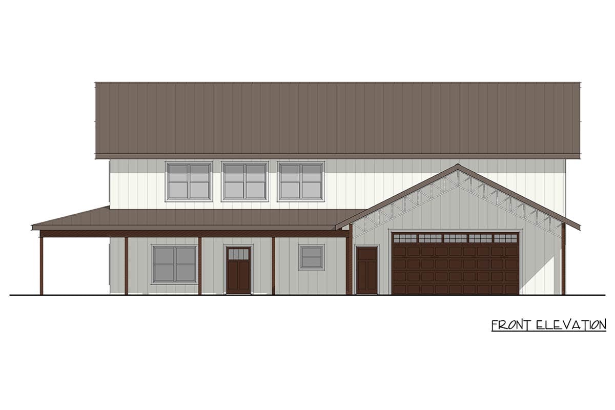 Front elevation house plan with two stories, a covered porch, and a side-entry garage with a gable roof.