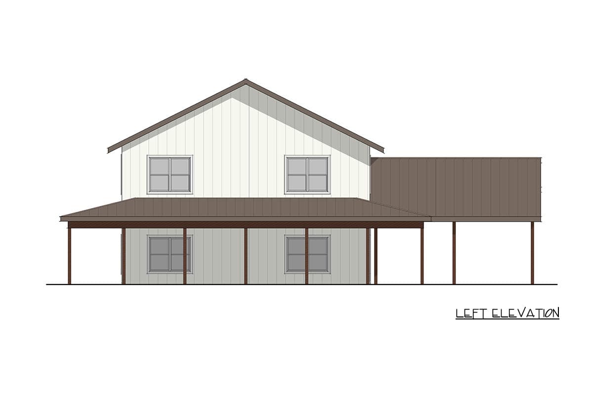 Left elevation of a two-story house plan with a wraparound porch, gabled roof, and vertical siding.