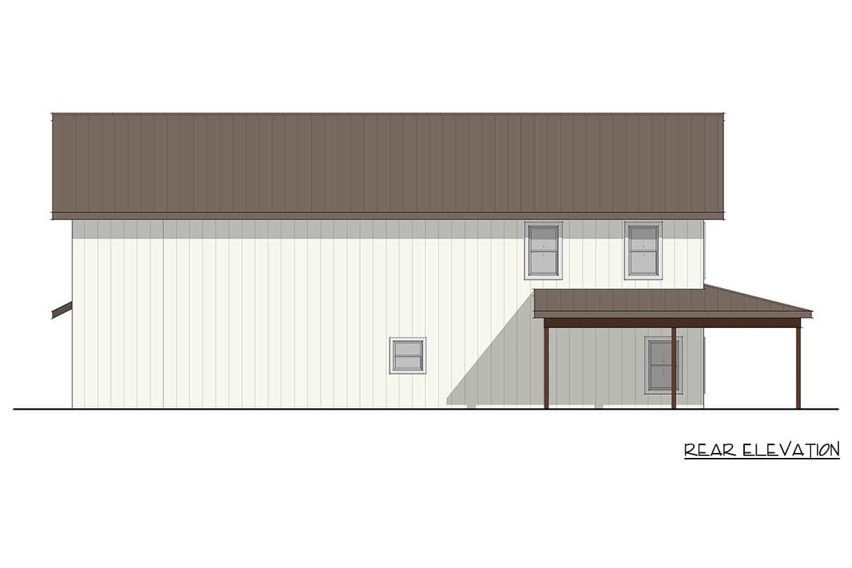 Rear elevation drawing of a two-story house with vertical siding, a gabled roof, and a covered porch.