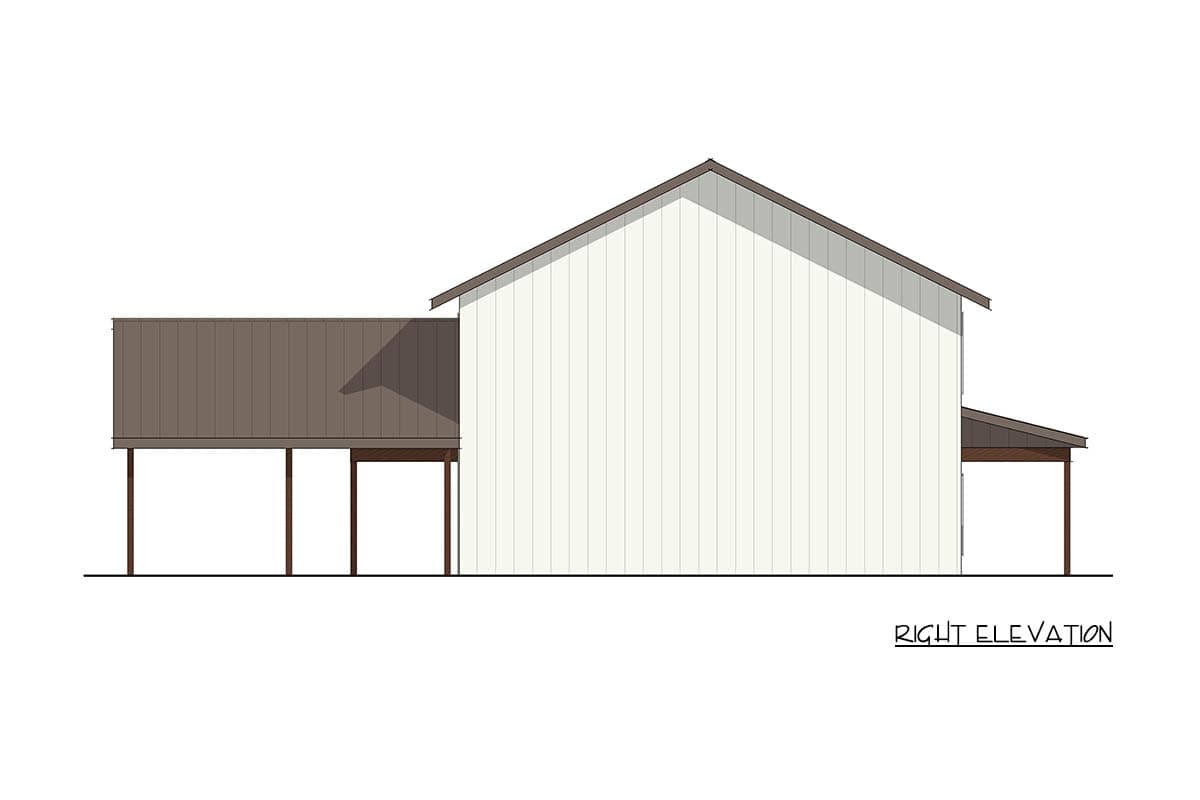 Right elevation house plan drawing showing vertical siding, a gabled roof, and covered porches.