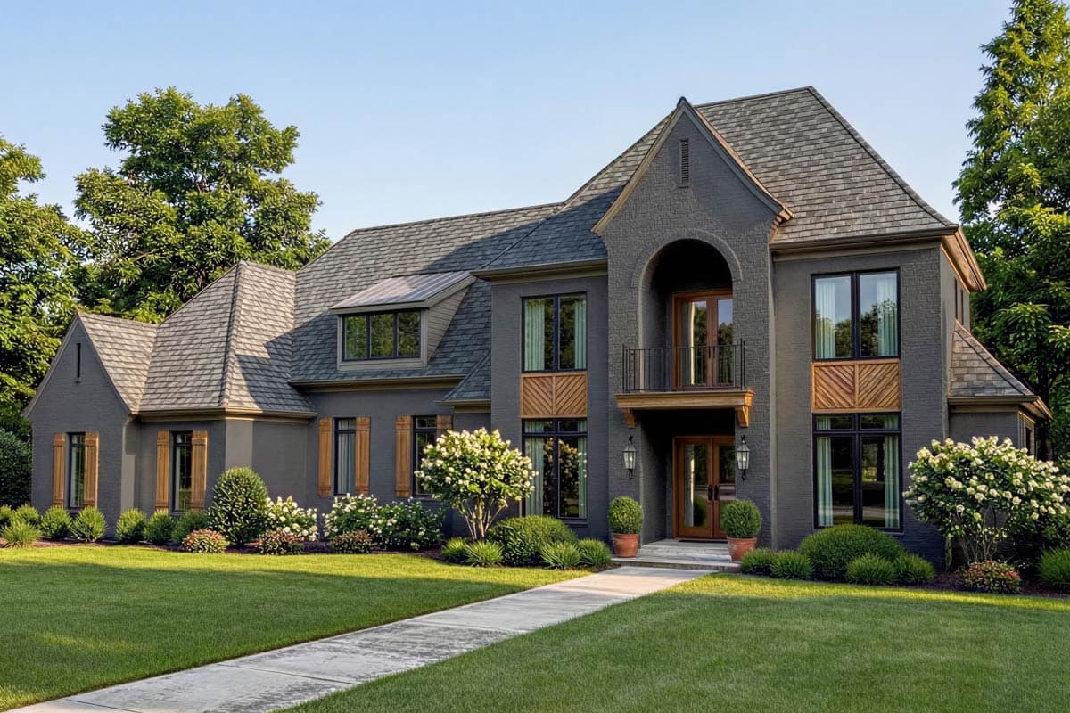 Exterior view of a modern two-story home with dark gray brick and a multi-gabled roof. The house has wooden accents and a well-manicured lawn.