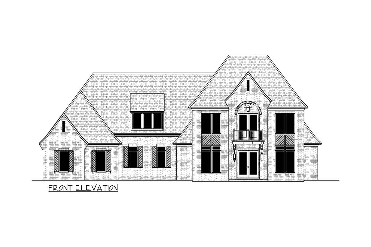 Line drawing of a large house from the front, showcasing multiple windows, a balcony, and a multi-gabled roof. Text reads 'front elevation'.