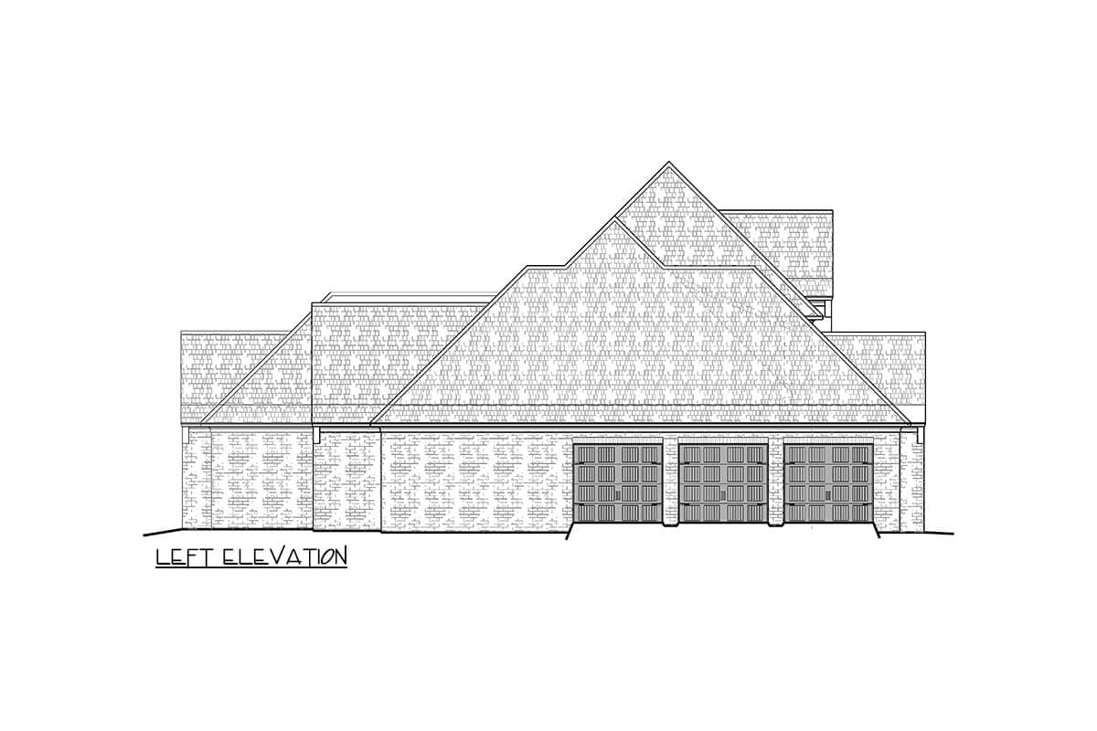 Architectural elevation of a house, featuring a brick facade, multiple garage doors, and a complex roof design with varying angles and a textured pattern.