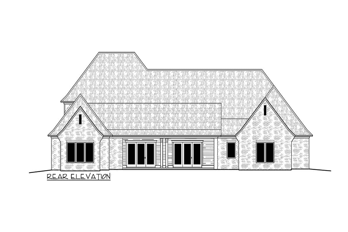 Architectural rendering of a house rear elevation. Brick facade, gabled roof, and multiple windows and doors are shown in a black and white drawing.