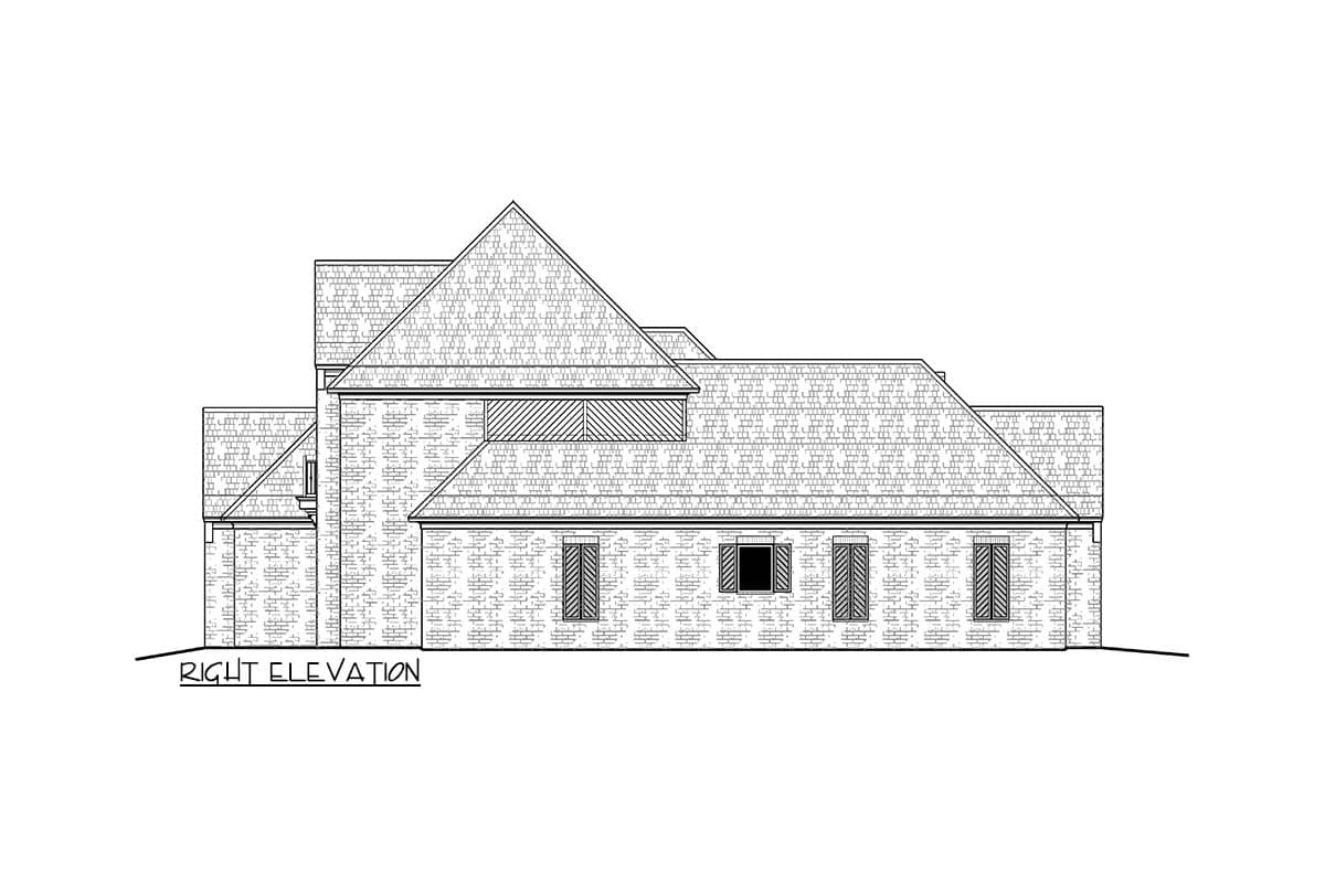 Architectural elevation of a house, right side view. Features a brick facade, multiple roof levels, and windows. The words 'RIGHT ELEVATION' are below.