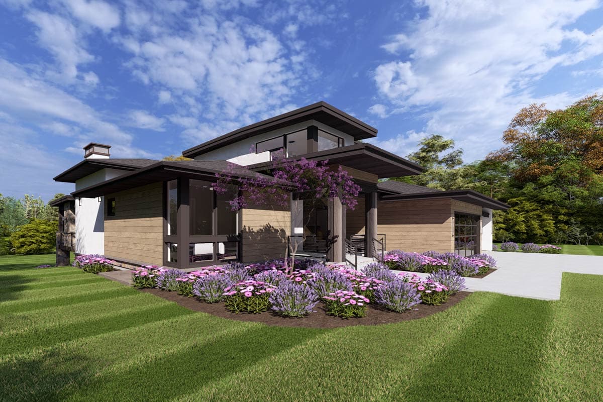 Modern house plan exterior with horizontal siding, flat rooflines, large windows, and an attached garage. Features a prominent entry.