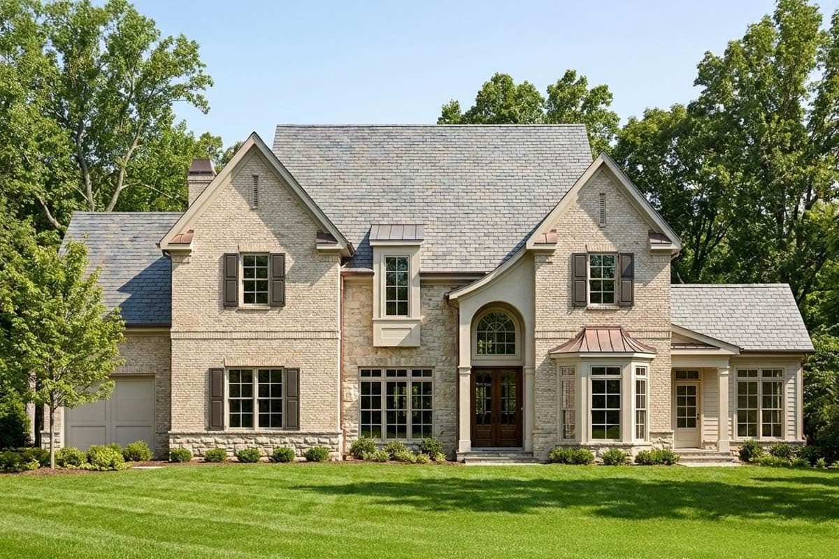 A large, two-story house with a brick facade and a gray shingle roof. It has several windows, including an arched window above the front door.