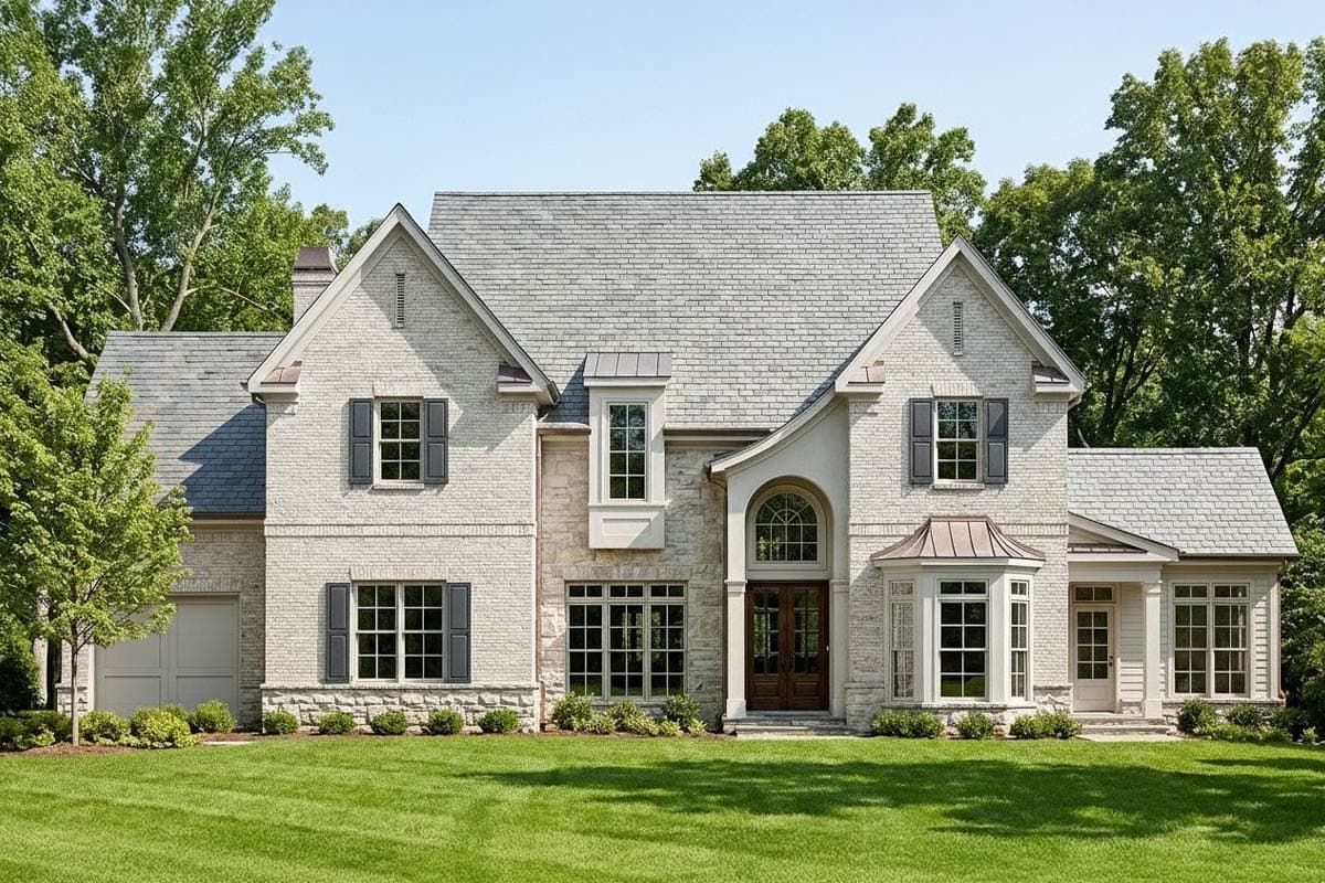 House plan exterior: Two-story brick home with multi-level gables, arched entryway, dormers, and attached garage.
