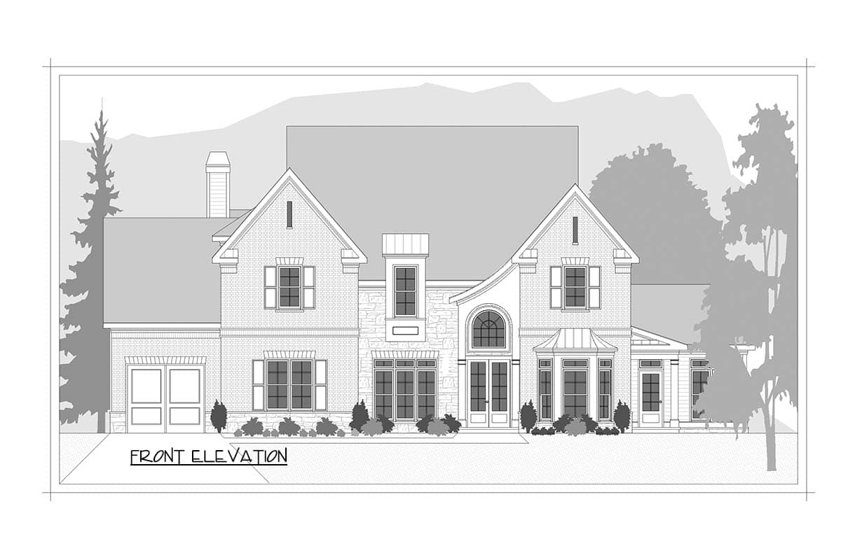 Front elevation house plan with two stories, gables, arched entryway, and attached garage.