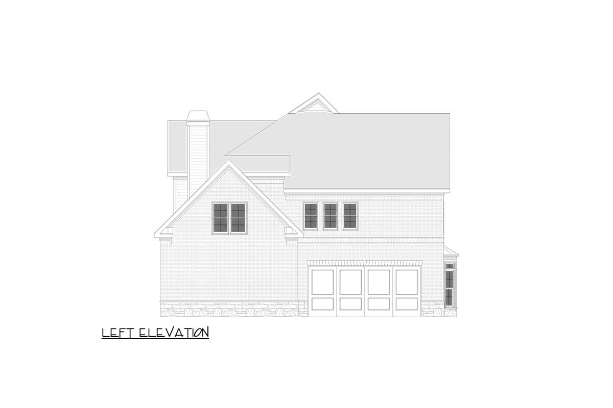 Left elevation house plan drawing with brick facade, gable, multiple windows, and a four-car garage.