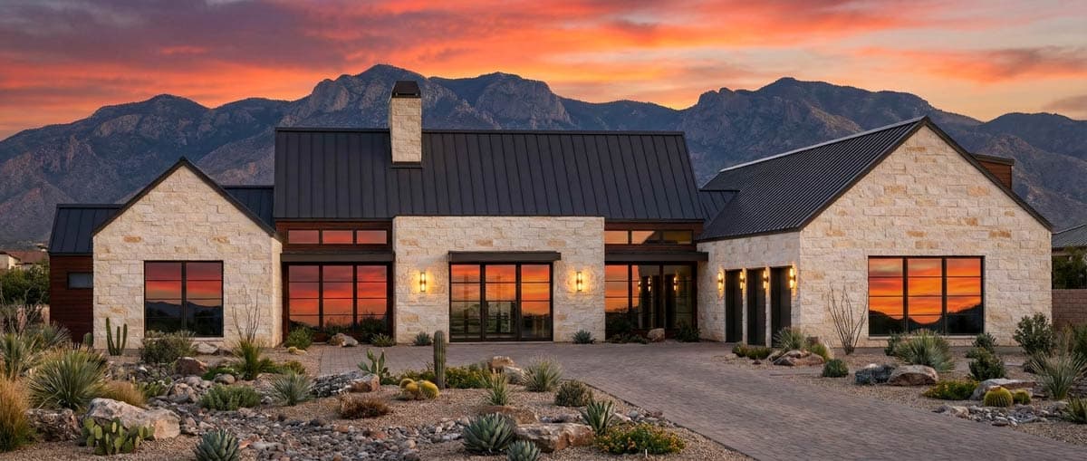 A modern home with a dark metal roof and stone facade reflects the vibrant sunset. Mountains loom in the background over desert landscaping.