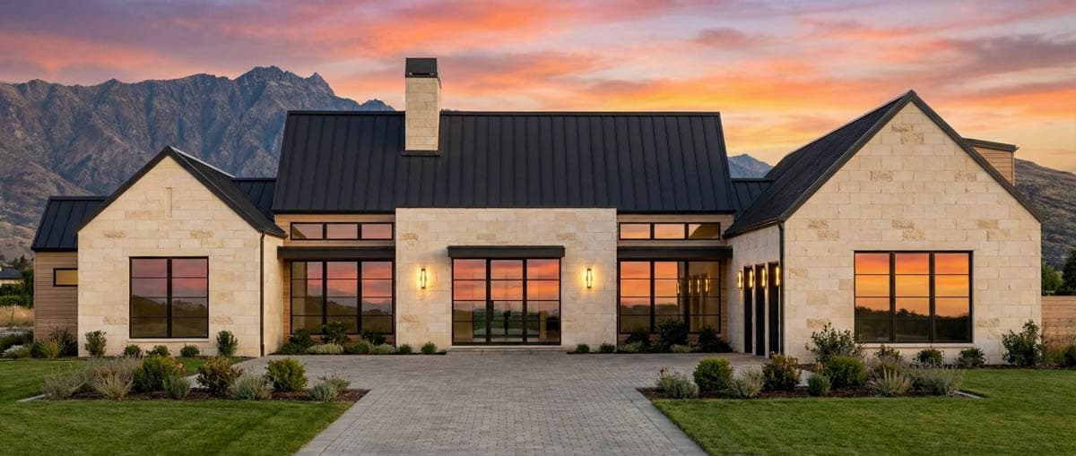 A modern, stone-clad house with a dark roof and large windows reflects the colors of a sunset sky. Mountains are visible in the background.