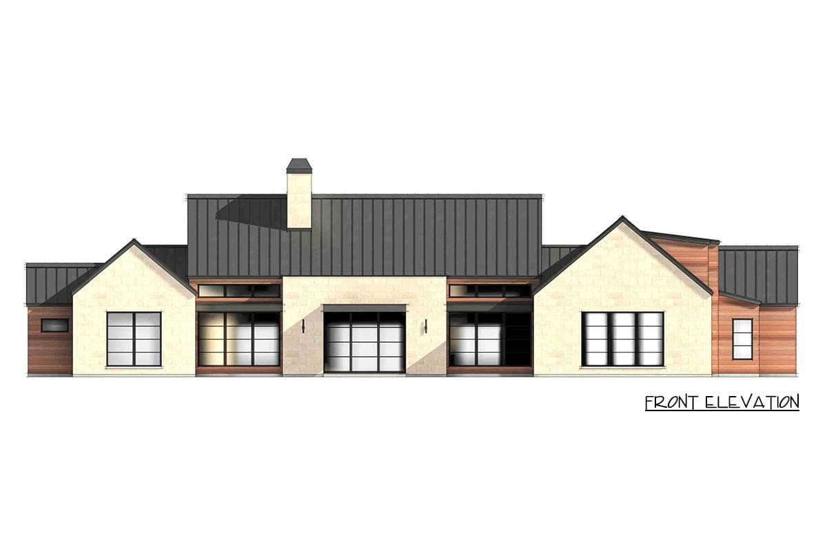 Architectural rendering of a modern house, showing front elevation. It features a dark gray metal roof, light-colored stone, and wood siding accents.