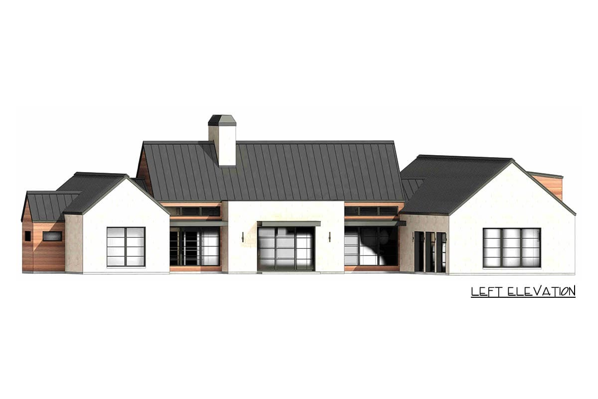 Architectural rendering of a modern home featuring white stucco walls, dark gray roofs, large windows, and a prominent chimney; the left elevation.