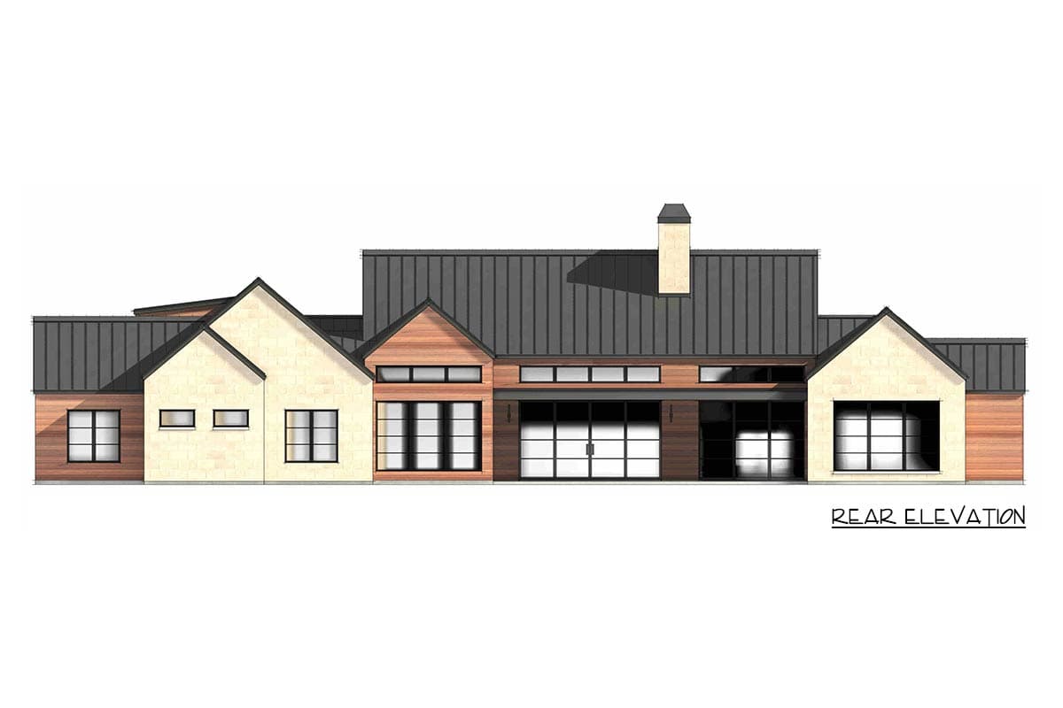 Architectural rendering of a modern house, showing rear elevation. Features include a combination of wooden, stone, and metal roof materials.